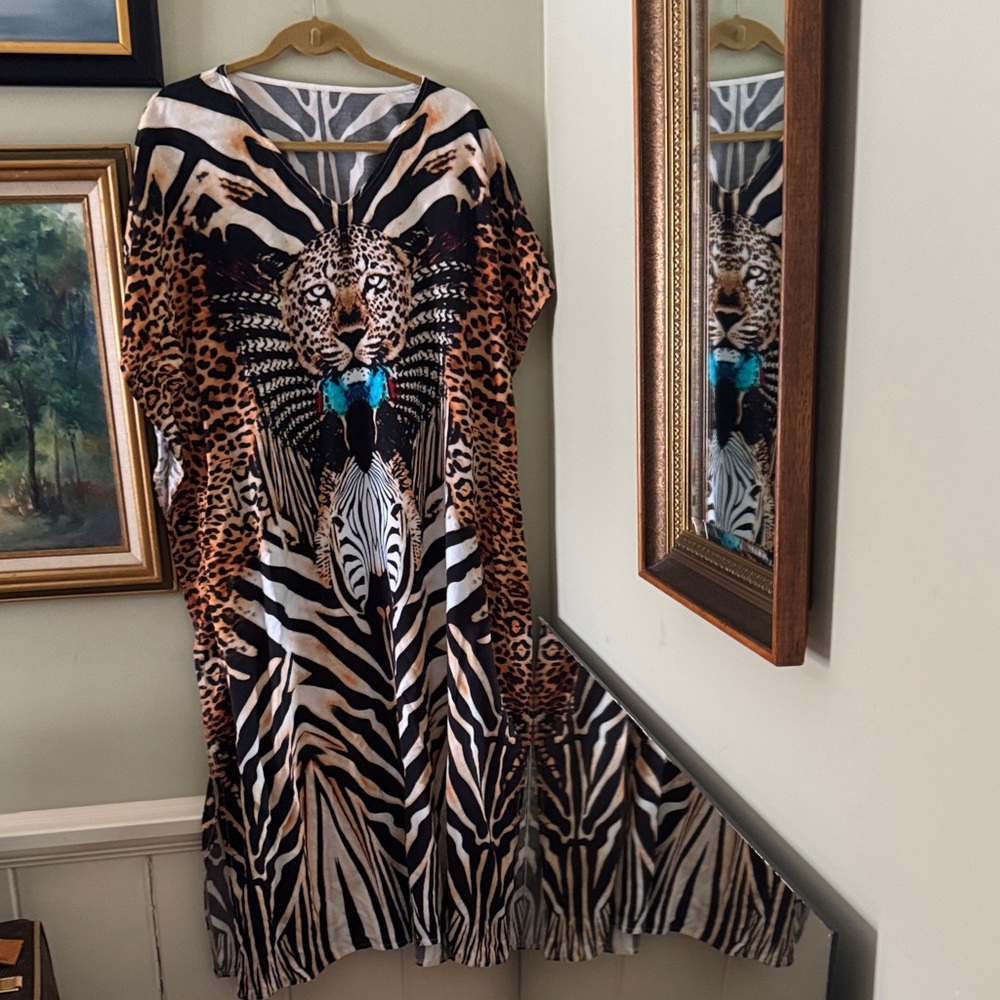 Kaftan Animal Print Dress L XL Tiger Jaguar Striped Stripes Resort Cheetah